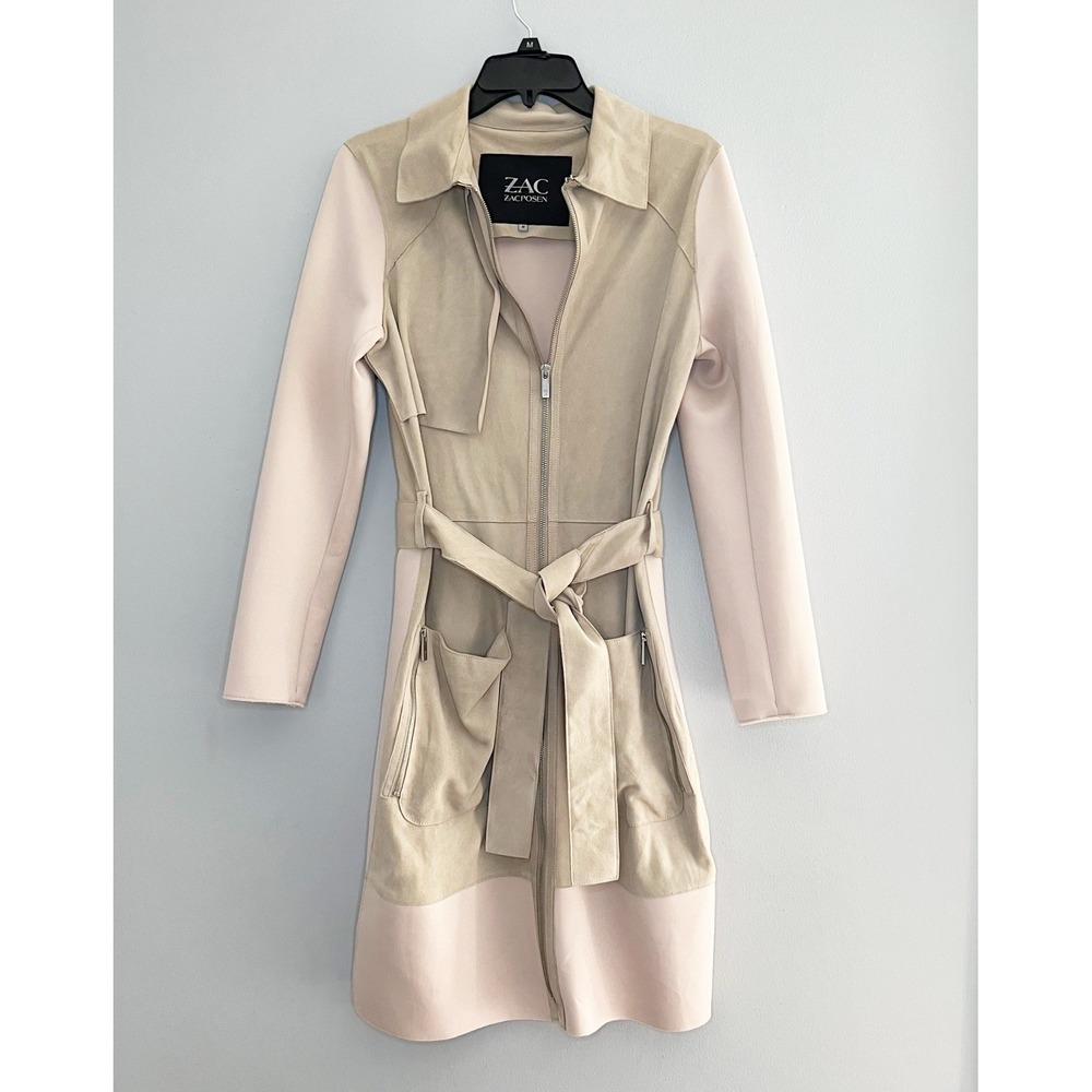 ZAC ZAC POSEN SUEDE Trench Coat BELTED Jacket Size Medium Stretchy Slim‎ Fit